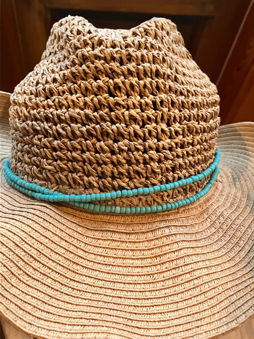VINCE CAMUTO Straw Hat Coastal Cowgirl Blue Beaded Band Packable - Picture 7 of 8